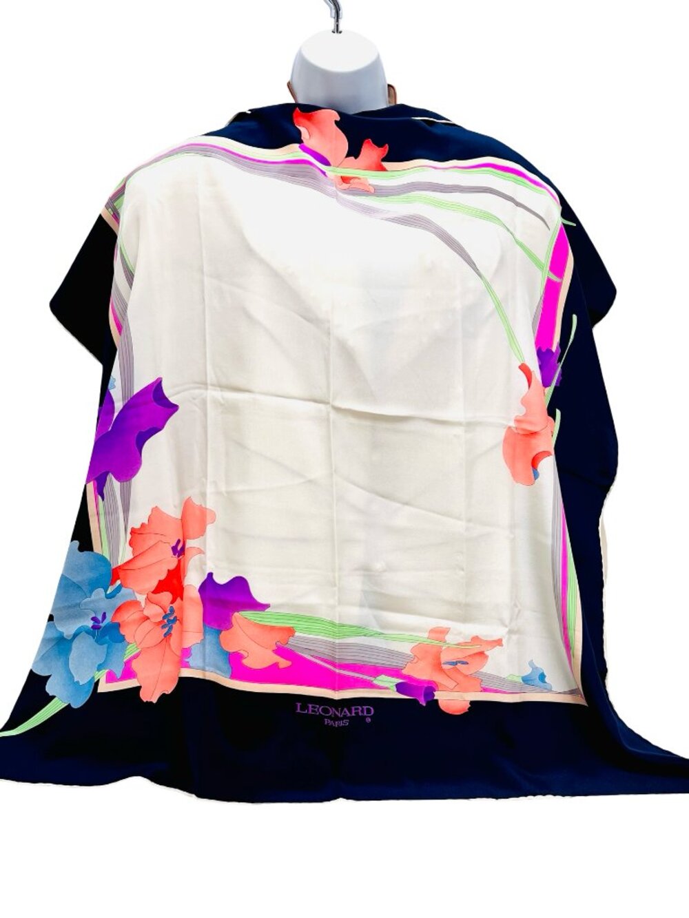 Leonard Paris 100% Silk Scarf 33" Ivery Blue pink purple green floral (79 - Picture 6 of 12